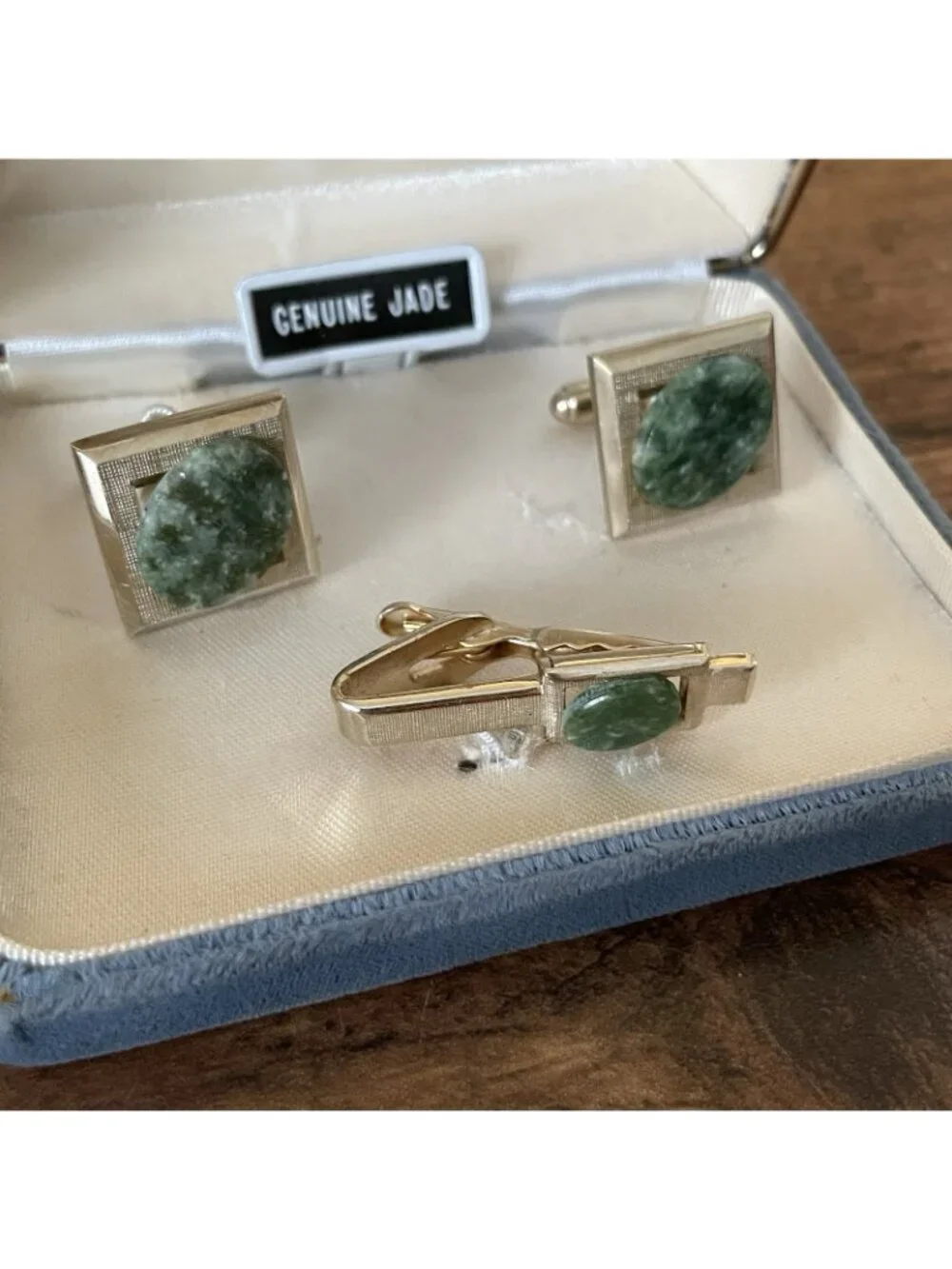 Vintage Shields Green Jade Gold Tone Cufflinks Tie Clip Set with Box Mid Century